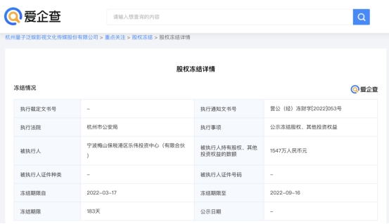 爱企查App显示，#南派三叔公司1547万股权被冻结#
